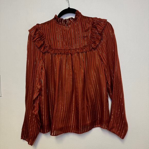 Marie Oliver Estelle Blouse - Silk Metallic Stripe Ruffled Neck Top - Picture 7 of 7